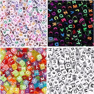 Quefe 1000pcs Letter Alphabet Beads, 4 Color 6mm Cube Acrylic Letter Beads with 50 Meters Elastic String Crystal Cord for Jewelry Making, Necklace, Bracelets