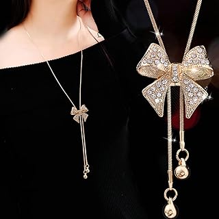 Cable Chain Rhinestone Bow Pendant Necklace for Women - Elegant Long Adjustable Sweater Chain with Tassel - Perfect for Christmas and Winter Parties