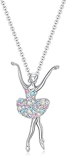 Ballerina Dancer Pendant Necklace for Women Girls Silver Plated Elegant Cute Ballet Dancing Girl Chic Rainbow Color Crystal Cubic Zirconia Chain Necklace for Friend Family Dance Recital Jewelry Gifts