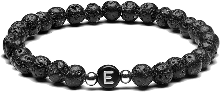 MIGATI Personalized Beaded Name Bracelets in Lava Rock Stone with Elastic String for Men and Women, Unique Initial 'E' Design