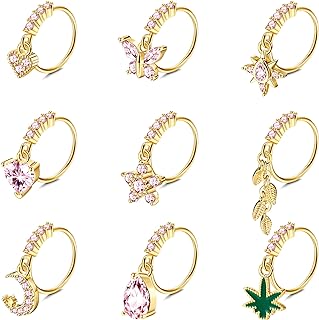 Sanfenly 9Pcs Dangle Nose Rings Hoops for Women Men 20G Stainless Steel Nose Piercing Jewelry Pink CZ Heart Moon Butterfly Dangling Nose Hoops Gold, Silver Tone