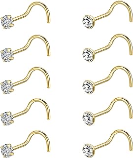 10Pcs 18G 20G Nose Ring Surgical Steel Nose Rings Studs Piercing 1.5mm 2mm 2.5mm 3mm Round Diamond CZ L Shaped Corkscrew Nose Rings Gold Black Silver Nose Piercing