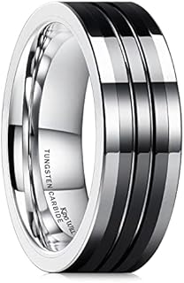 King Will 8mm Mens Silver Black Groove Tungsten Wedding Rings Black Groove Ceramic Center High Polished Surface Pipe Cut Edge Wedding Band for Men Women