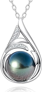 Tahitian Black Pearl Pendant Necklace with Lobster Clasp, 18K White Gold Plated Sterling Silver and Adjustable Cable Chain, Perfect Gift for Her, Phoenix Design