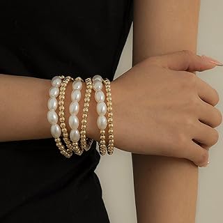 Gold Beaded and Pearl Bangle Bracelet for Women and Girls Boho Multiple Stackable Pearl Wrap Bracelets for Teen Girls Women Set of 6