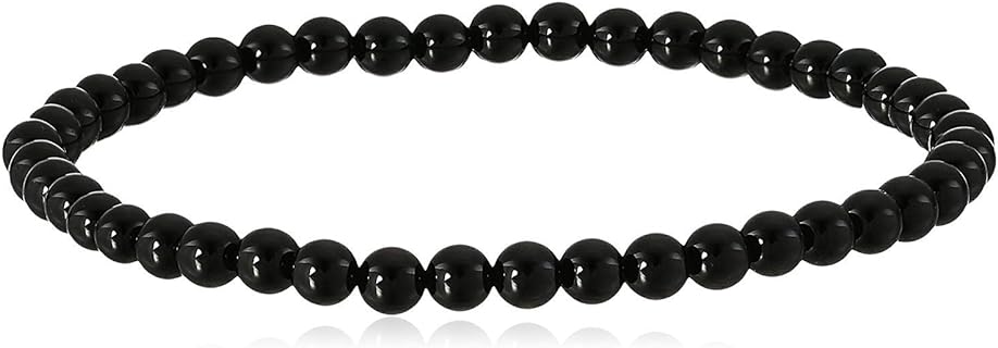 Handcrafted Black Onyx Bead Chain Stretch Bracelet, Smooth Round 4mm Gems From USA, No Clasp Design, Multiple Sizes Available
