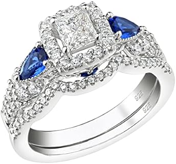 SHELOVES Princess Pear Blue Sapphire Sterling Silver Engagement Ring Wedding Ring Set for Women Sz 5-12