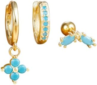 14K Gold Plated Small Huggie Hoop Earrings Set with Turquoise Gem Push Back Design for Women