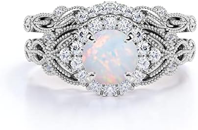 Opal Ring Set Opal Engagement Rings for Women 10K 14K 18K Gold Opal Wedding Ring Set Bridal Sets Opal Anniversary Ring Promise Ring For Her Free Engraved