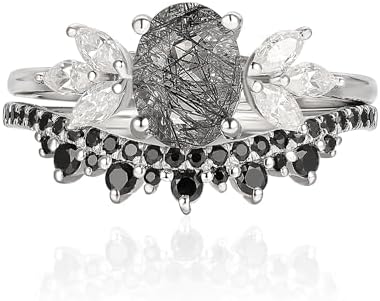 1.09 Carat Oval Natural Black Rutilated Quartz Bridal Ring Sets, G-H Marquise Moissanite 925 Silver Proposal Rings, Half Eternity Natural Black Spinel Wedding Band for Women, Goth Art Deco Platinum Plating Wedding Sets