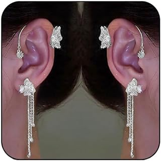 Rhinestone Butterfly Ear Cuff Earrings with Push Back Alloy Chain for Women, Non-Piercing Silver Design