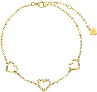 SISGEM 14k Gold Diamond Three Heart Anklets for Women, Love Ankle Bracelet Anniversary Jewelry for Wife, Birthday Gifts for Her, (0.11 ct) 9.4"-11"