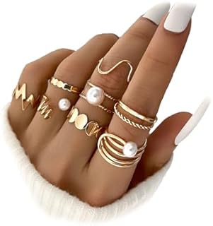 14k Gold Alloy Pearl Stackable Ring Set for Women and Teen Girls, Irregular Geometric Line Design