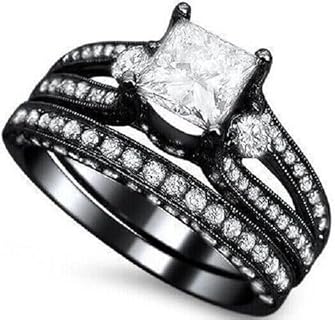 ANGEL SALES 2.50 Ctw Princess Cut CZ Black Diamond Bridal Set Engagement Wedding Band Ring For Women's 14K Black Gold Finish