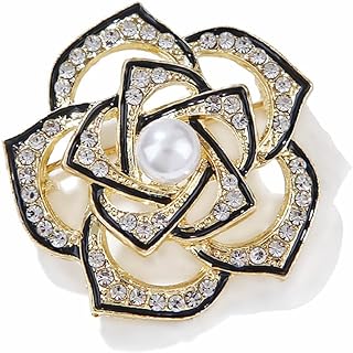 Pin Clasp Saree Brooch with Crystal Elements for Women - Camellia Flower Design Jewelry Piece