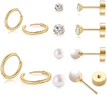 Multiple Sets Small Gold Hoop Earrings for Women Flat Back Stud Earrings Set with CZ Pearl Cartilage Earring for Helix Conch Daith Tragus Piercing Jewelry