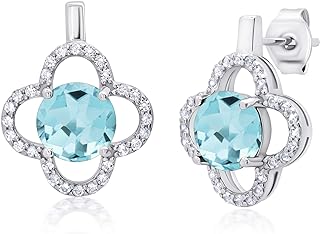 925 Sterling Silver Clover Stud Earrings with Push Backs and White Topaz Accents for Women, 7mm Round Gemstone Design by MAX + STONE