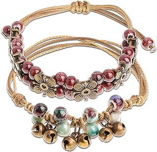 JeanBeau Boho Pottery Seed Beads String Anklets Set for Women Teen Girls – Adjustable Waterproof Rope Vintage Handmade Stackable Beach Braided Clover Star Bell Beaded Stone Bracelet ankle Friendship Summer Jewelry Friends Gift