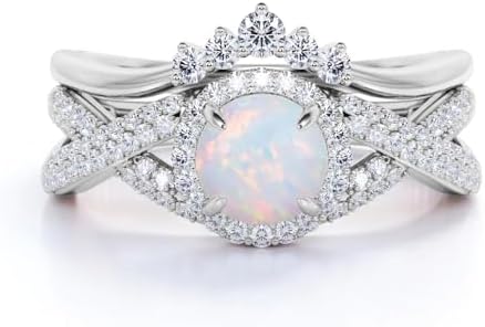 S925 Sterling Silver 1.5 Carat (ctw) White Opal Wedding Ring Sets for Women Halo Opal Bridal Set Round Cut Engagement Ring Sets for Her