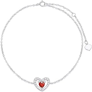 SISGEM 14k White Gold Diamond Heart Anklet for Women with Red Cubic Zirconia, Love Foot Jewelry Ankle Bracelet Gifts for Her, 9.4-11 Inch