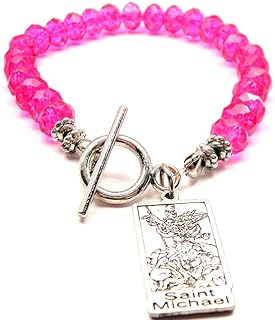 Spiritual St Michael Charm Bracelet with Pewter Toggle-Clasps, Designed for Devotees, Hot Pink Crystal Design