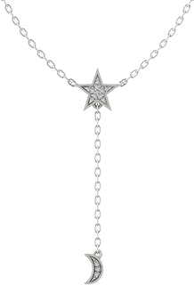Lobster-Claw Clasp 14K White Gold Diamond Star and Moon Pendant Necklace, Cable Chain Setting, for Sophisticated Women, Classic Design