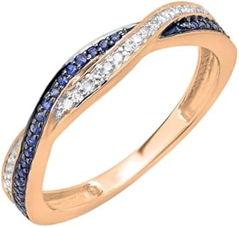 10K Rose Gold Crisscross Engagement Ring with Round Blue Sapphire and White Diamond for Women