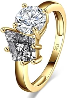 925 Sterling Silver Toi et Moi Engagement Ring, Kite Cut Black Rutilated Quartz and 14K Gold Plated for Women, Perfect Wedding Gift - Band Sizes 5 to 9
