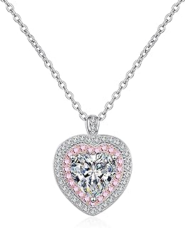 14K White Gold Cable Chain Heart Pendant Necklace with 1 Carat Diamond Accentuated by Small Pink Diamonds for Women - Elegant Design