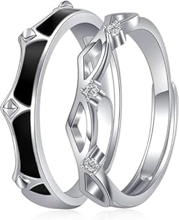 Cubic Zirconia Sterling Silver Couples Matching King and Queen Promise Rings for Women and Men, Adjustable Size Design