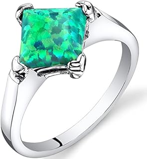 PEORA Created Green Fire Opal Classic Solitaire Ring for Women 925 Sterling Silver, 1 Carat Princess Cut 7mm, Sizes 5 to 9