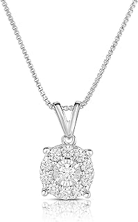 Spring Ring Clasp, Diamond Halo Pendant Necklace, Box Chain, Gem Type Diamonds for Women, Rhodium Plated Sterling Silver, I-J/I2-I3 Clarity, by Natalia Drake