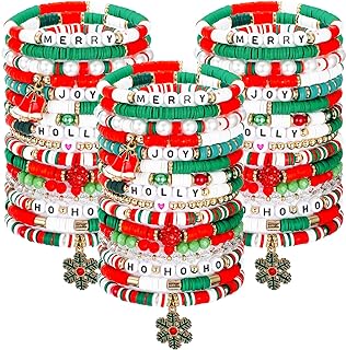48 Pcs Christmas Bracelets Set Stackable Heishi Surfer Bracelet Beaded Christmas Bracelets Bulk Women's Preppy Polymer Clay Stretch Bracelet for Women Girls Gift Party Supplies