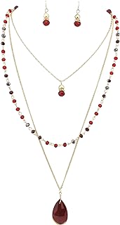 Lobster Clasp Burgundy Beaded Necklace for Women with Multi-layer Pendant Design by Bocar - Three Layers Crystal & Acrylic Chain Jewelry Set