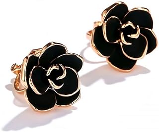 Black Rose Flower Vintage Rose Gold Plated Clip On Fake Stud Earrings for Women Girls No Piercings Ear Fashion Elegant Vintage Wedding Jewelry Gifts for Birthday Hypoallergenic 15mm