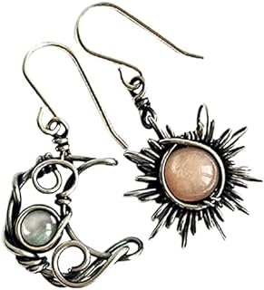 Boho Retro Opal Sun and Moon Dangle Earrings Vintage Silver Asymmetry Moon Star Sun Dangle Drop Earrings Black Moonstone Moon Hypoallergenic Earrings for Women Girls Teen Statement Jewelry