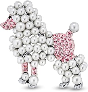 Fashion Statement Crystal White Simulated Pearl Pink Dog Poodle Brooch Pin For Women For Teen Rhodium Plated