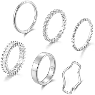 6Pcs 14K Gold Plated Stacking Rings for Women Teen Cubic Zirconia Wave Stackable Thin Gold Ring Plain Statement Band Promise Eternity Bands Ring Comfort Fit Size 6-9