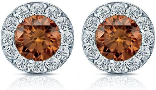 3 Carat Round Simulated Brown Chocolate & White Diamond Stud Earrings in 14K White Gold Plated Sterling Silver with Push Back
