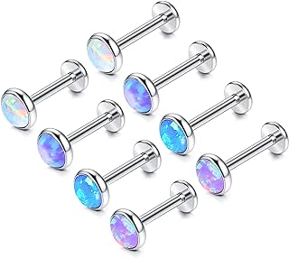 MILACOLATO 8pcs 16G Tragus Piercing Jewelry 316L Stainless Steel Flat Back Cartilage Earrings Nose Rings Studs for Women Created-Opal Lip Helix Conch Labret Monroe Medusa Piercing Jewelry