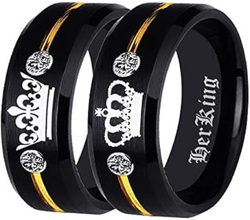 Free Custom Engraving Her King or His Queen Ring Promise Wedding Ring Engagement Ring Annivesary ring in Black Tungsten Carbide Rings With Two White CZ-Matching Promise Rings for Couples