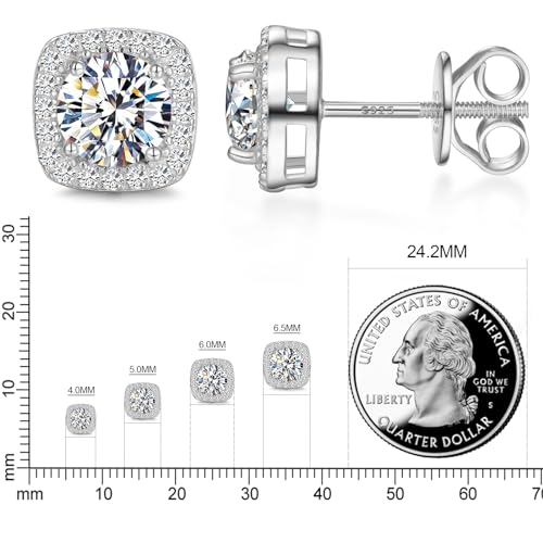 Moissanite Square Earrings Stud Screw Back 0.6-2.0ct 4-6mm 18K White Gold Plated 925 Sterling Silver Moissanite Diamond Halo Stud Earrings for Women Girls Men