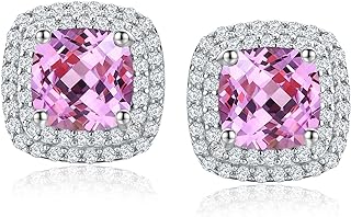 Aquamarine Stud Earrings with Push Back Design and Created Morganite Gem for Women and Teen Girls, Sterling Silver Birthstone Earrings, Dainty Elegant Square Double Halo Studs