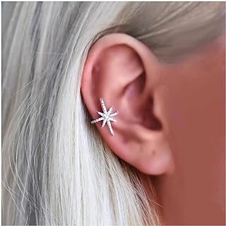 Boho Northstar Ear Cuff Earrings Gold Starburst Cuff Wrap Earrings CZ Pave Star Cartilage Cuff Earrings Tiny Non Pierced Clip on Earrings Jewelry for Women and Girls