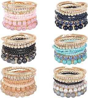 48Pcs Bohemian Stackable Bead Bracelets for Women Multicolor Stretch Beaded Bracelets Layered Bead Adjustable Bracelet Black Turquoise Stretch Bracelets