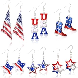 Star Drop Earrings with French Wire Back Finding, Set of Six Patriotic 4th of July Designs in Stainless Steel - Perfect for Women Celebrating American Independence
