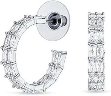 Double Row Huggie Hoop Earrings with Brilliant Emerald Cut and Baguette Cubic Zirconia for Women, Perfect for Weddings, Proms or Formal Parties, Rhodium-plated-brass with Push Back Design, 1 inch Dia