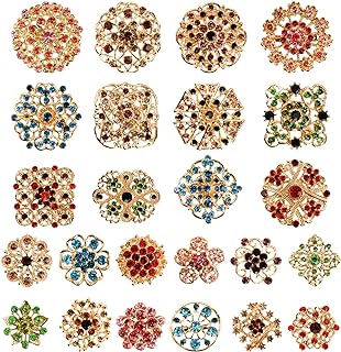 Hiceeden 24 Pieces Golden Brooches Pins, Shining Rhinestone Colorful Flower Brooch Gift for Girl, Women, Wedding Decoration
