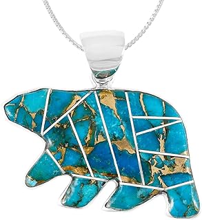 Bear Pendant Necklace 925 Sterling Silver Genuine Turquoise & Gemstones (24" Length)
