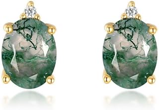 Screw Back S925 Sterling Silver Stud Earrings with Green Moss Stone & Aquatic Agate for Women, Elegant Nature-Inspired Design with Yellow Gold Finish